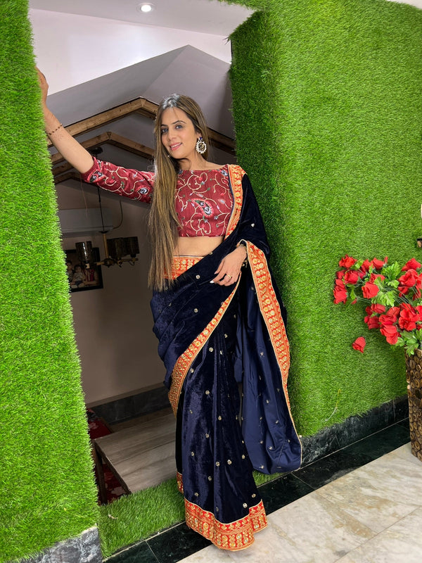 Navy Blue Color Embroidery Lace Border Velvet Saree