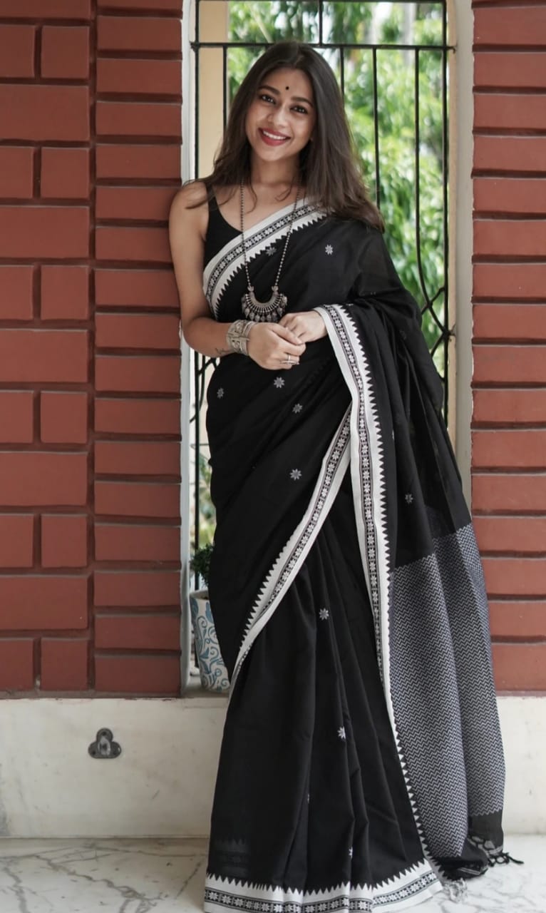 Party Wear Black Color Cotton Silk Saree