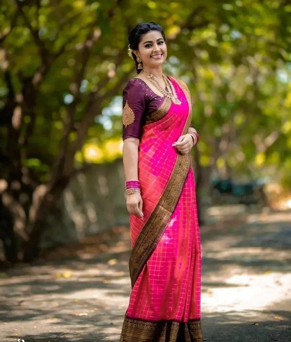 Pink With Wine Color Jacquard Border Soft Lichi Silk Party Wear Saree