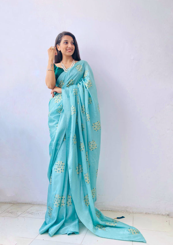 Foil Printed Sky Blue Color Chinon Saree