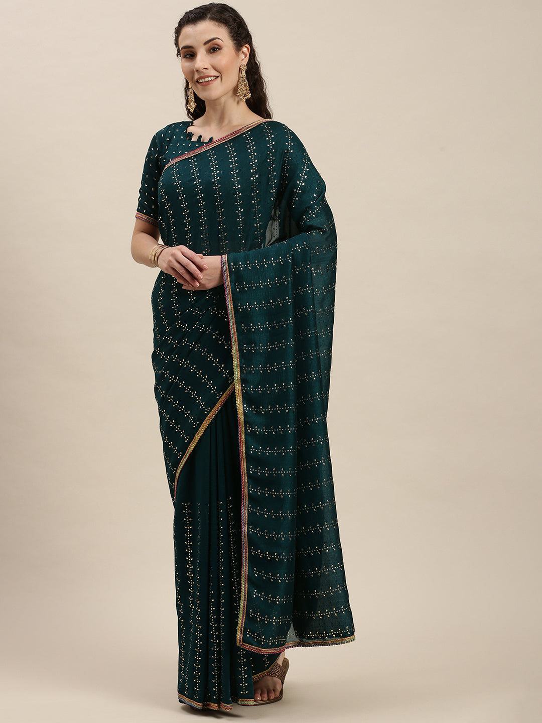 Imposing Sea Green Beads and Stones Work Saree
