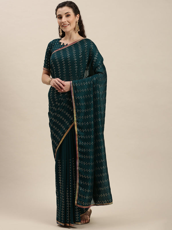 Imposing Sea Green Beads and Stones Work Saree
