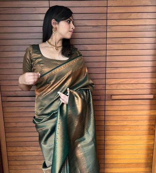Party Wear Green Color Silver Jari Design Soft Lichi Silk Saree