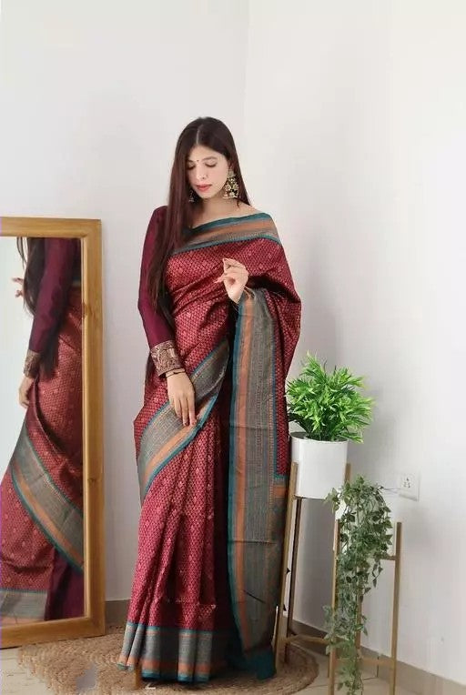 Maroon And Aqua Green Color Coper Jari Design Soft Silk Saree