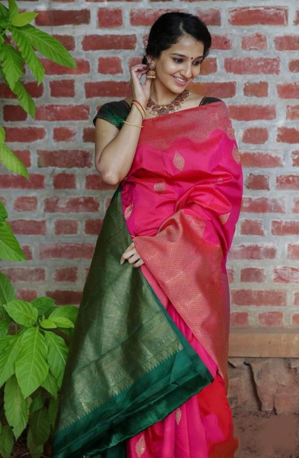 Pretty Pink And Green Banarasi Saree