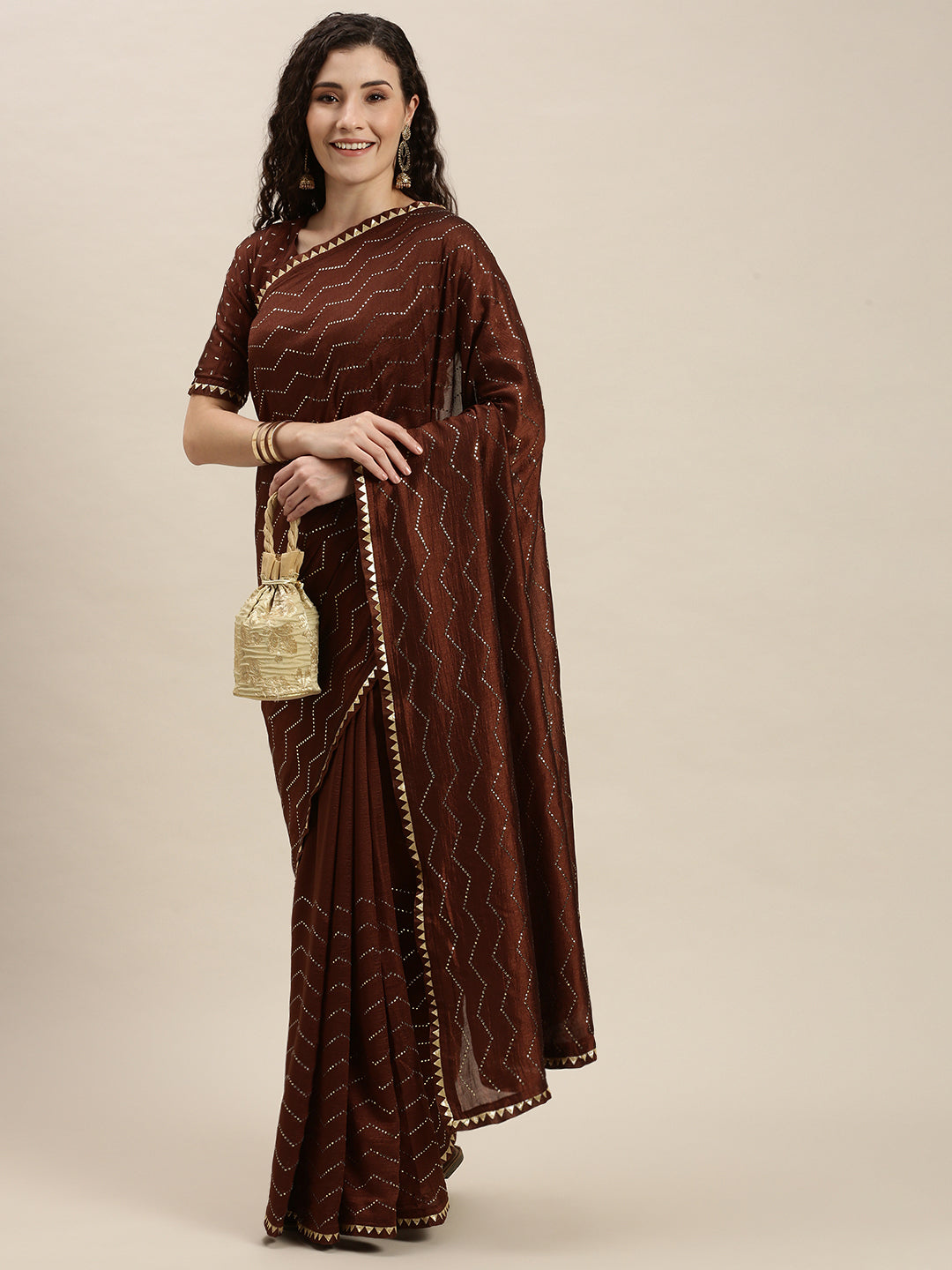Brown Color Golden Stones Work Art Silk Saree