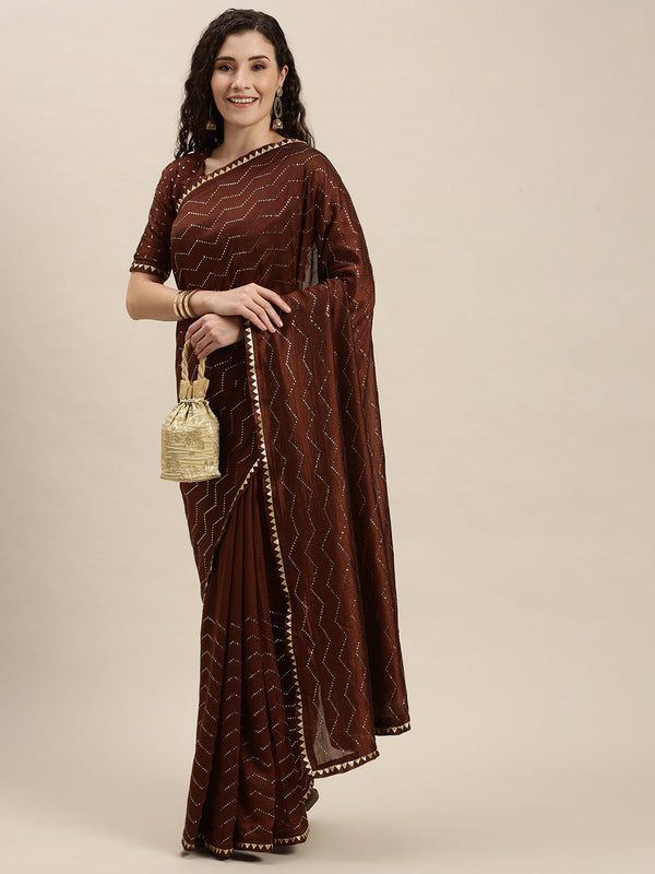 Brown Color Golden Stones Work Art Silk Saree