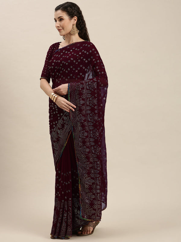 Purple Color Silver-Toned Embroidered Saree