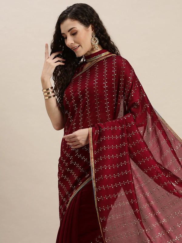 Admiring Dark Pink Beads and Stones Work Saree