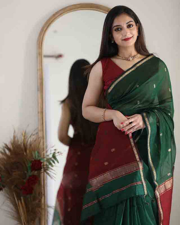 Linen Cotton Silk Green With Maroon Border Saree
