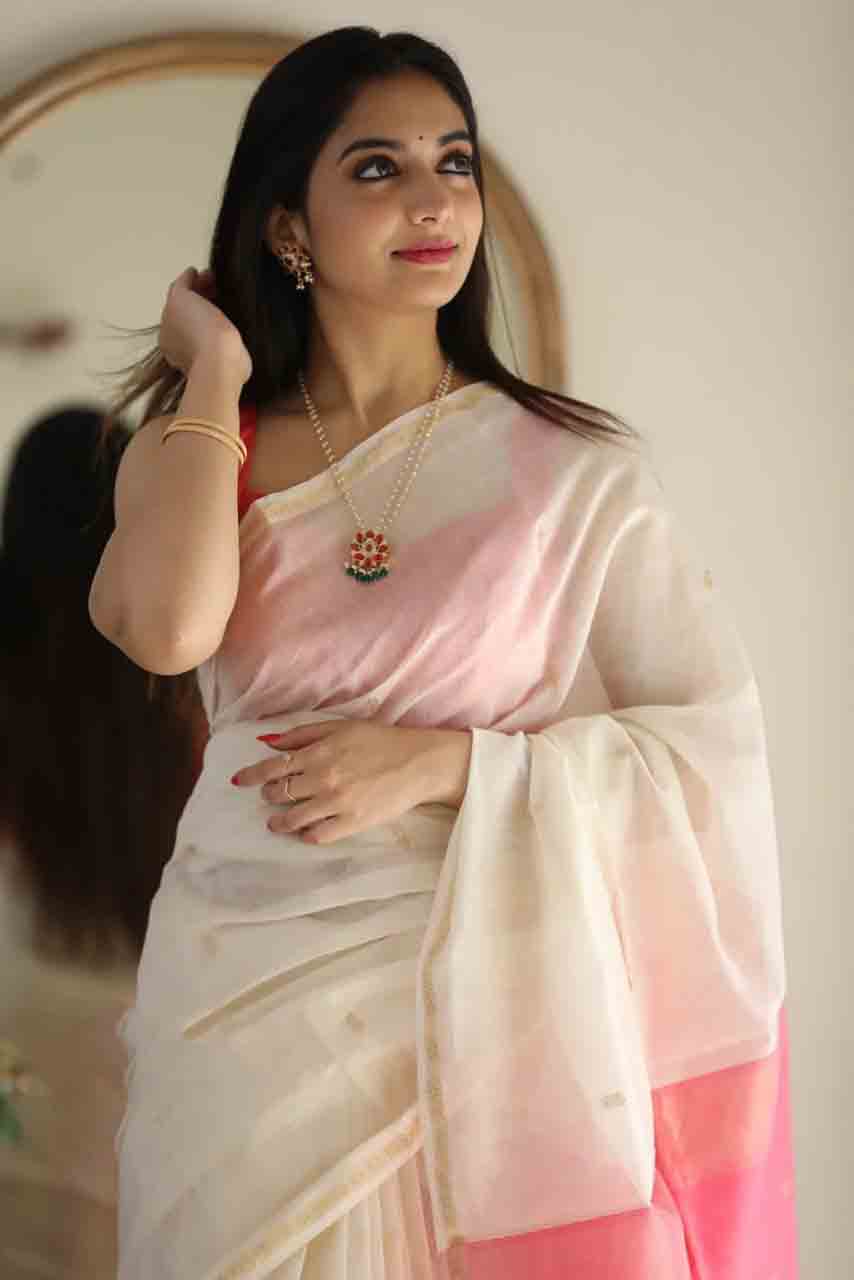 Linen Cotton Silk White Color Peaceful Saree