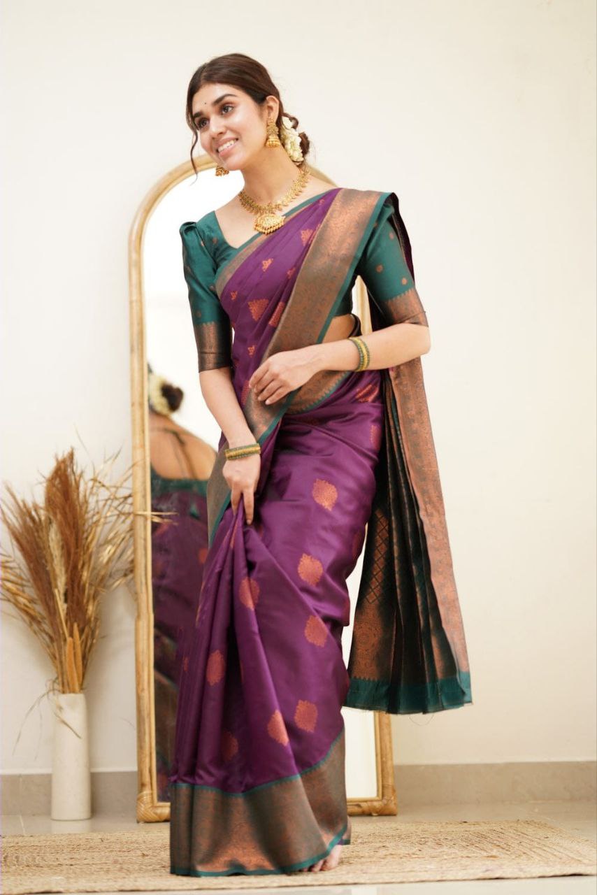 Designer Purple Color Coper Jari Design Soft Silk Saree