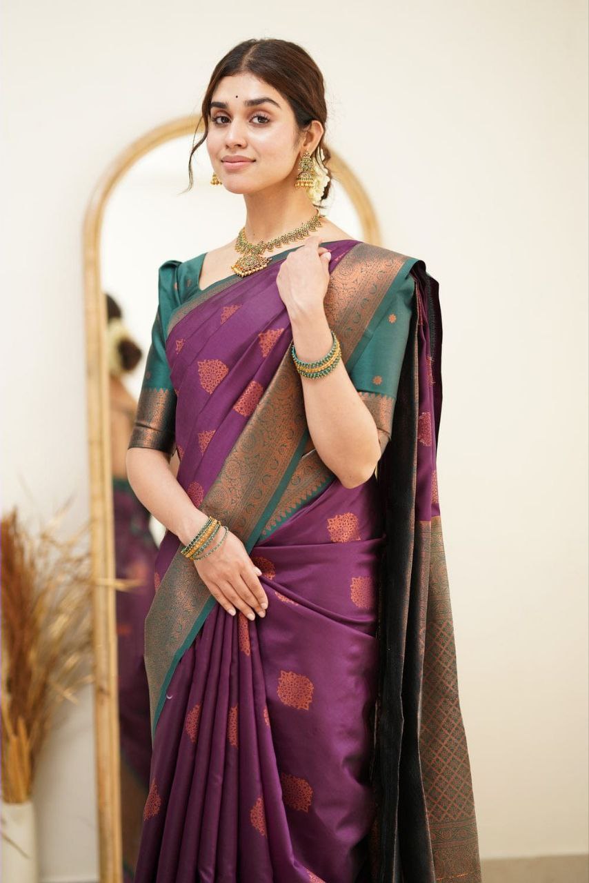 Designer Purple Color Coper Jari Design Soft Silk Saree