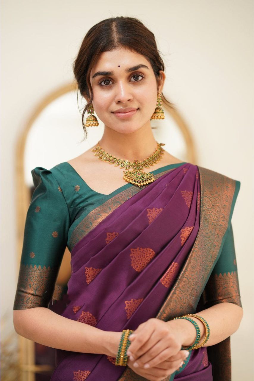 Designer Purple Color Coper Jari Design Soft Silk Saree