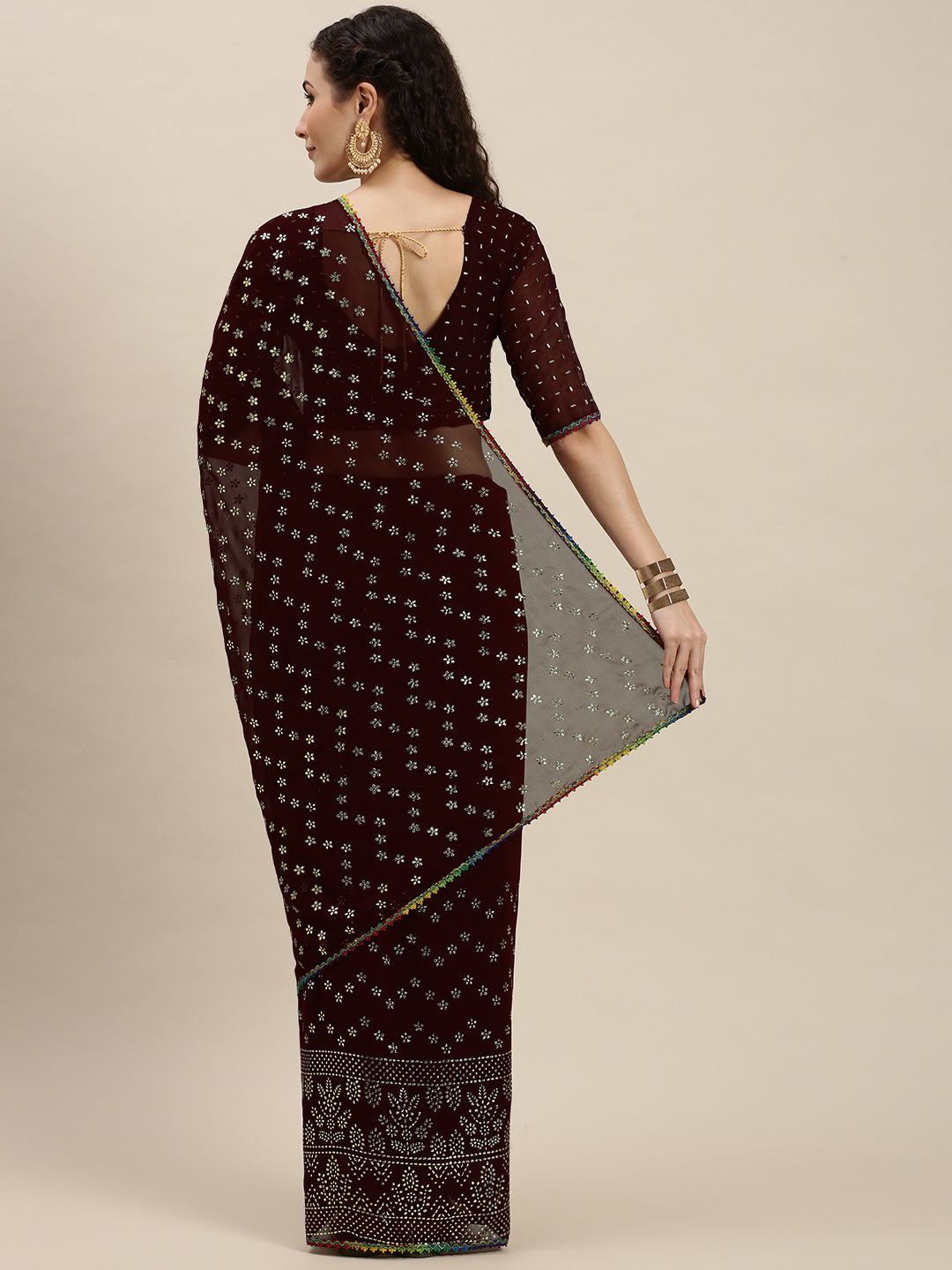 Brown Color Silver-Toned Embroidered Saree