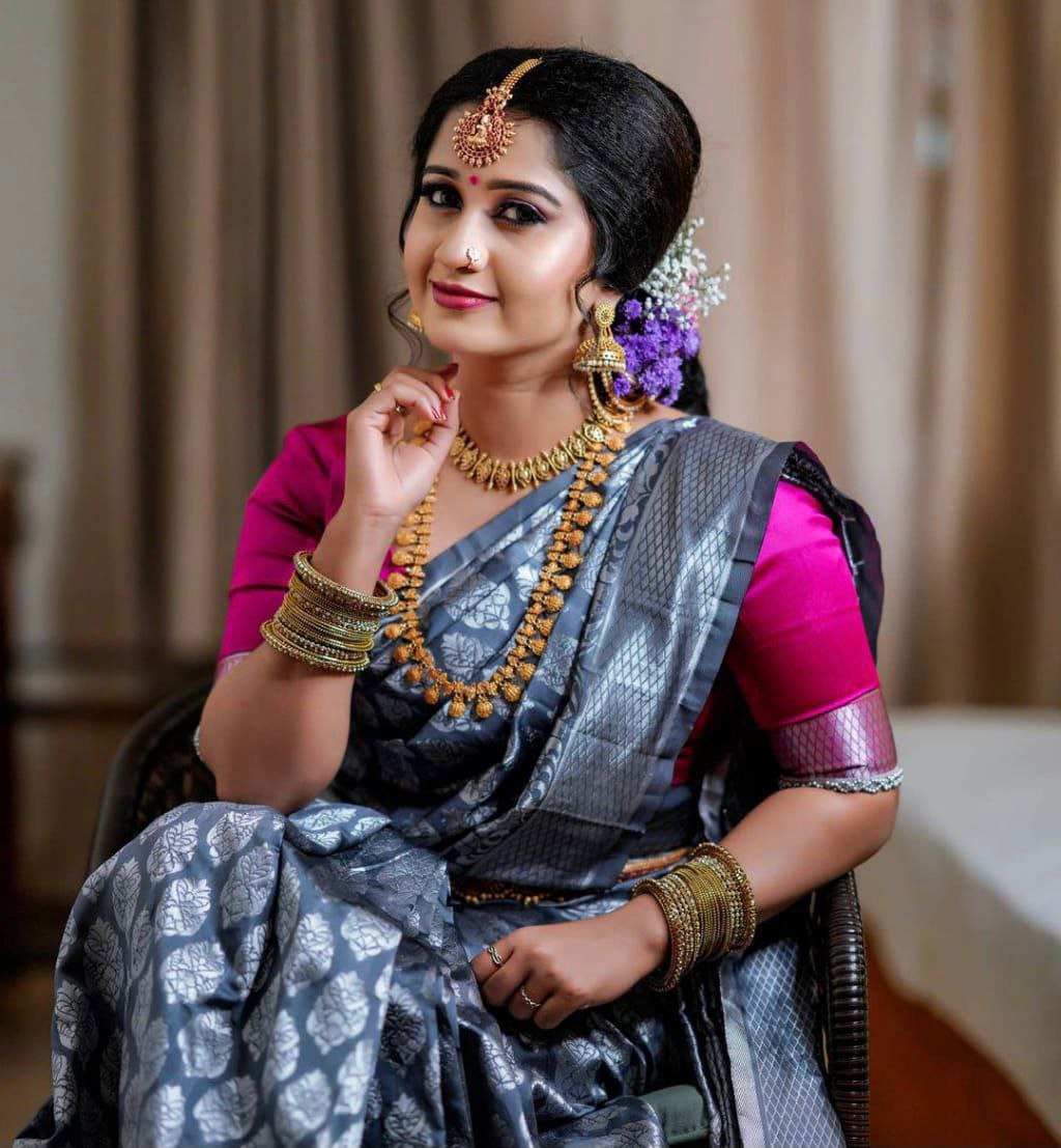 Flattering  Grey Color Silver Work Saree