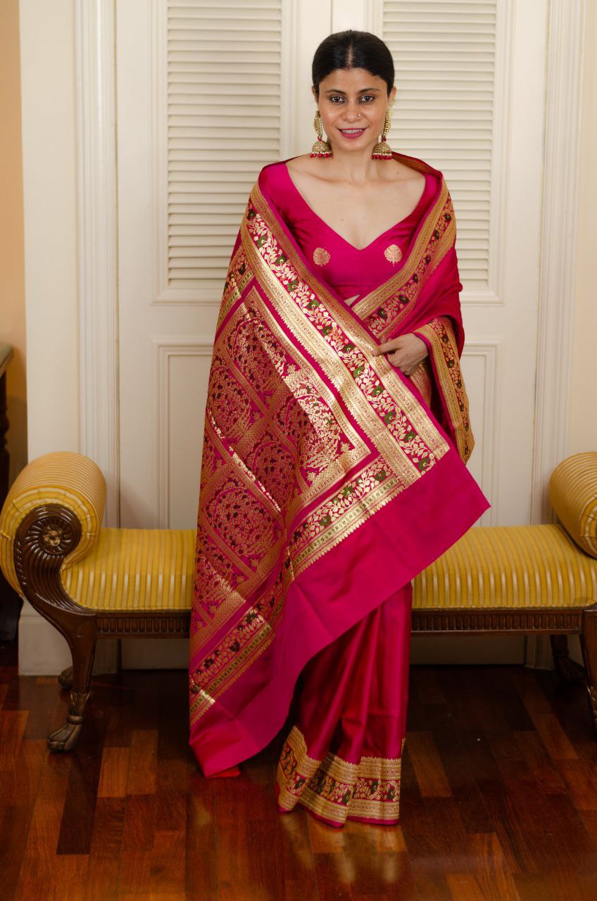 Dark Pink Jacquard Border Silk Saree