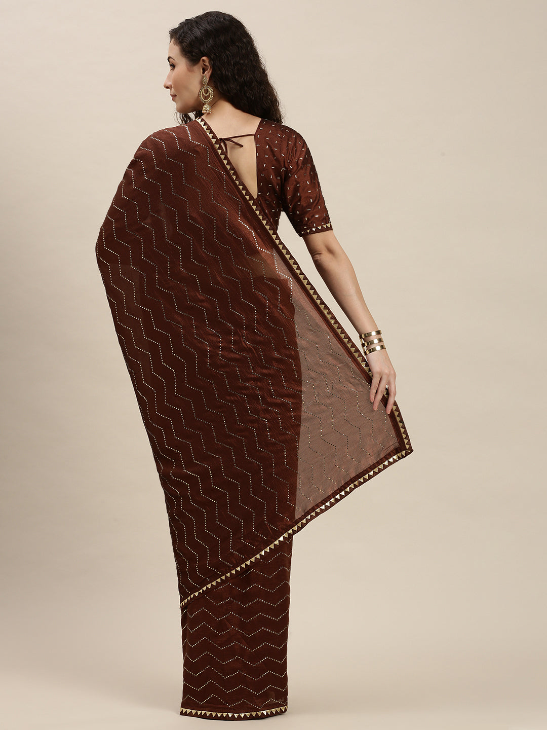 Brown Color Golden Stones Work Art Silk Saree