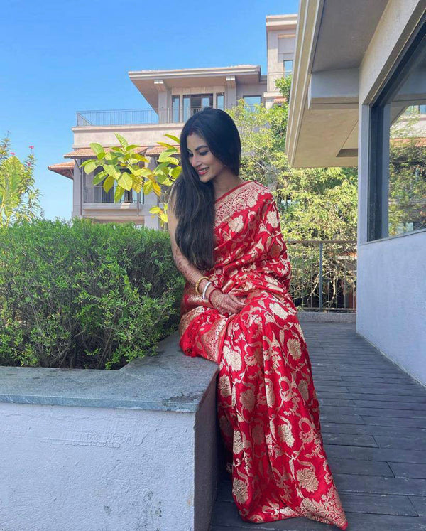 Bollywood Star Mouni Roy Wear Red Color Silk Saree