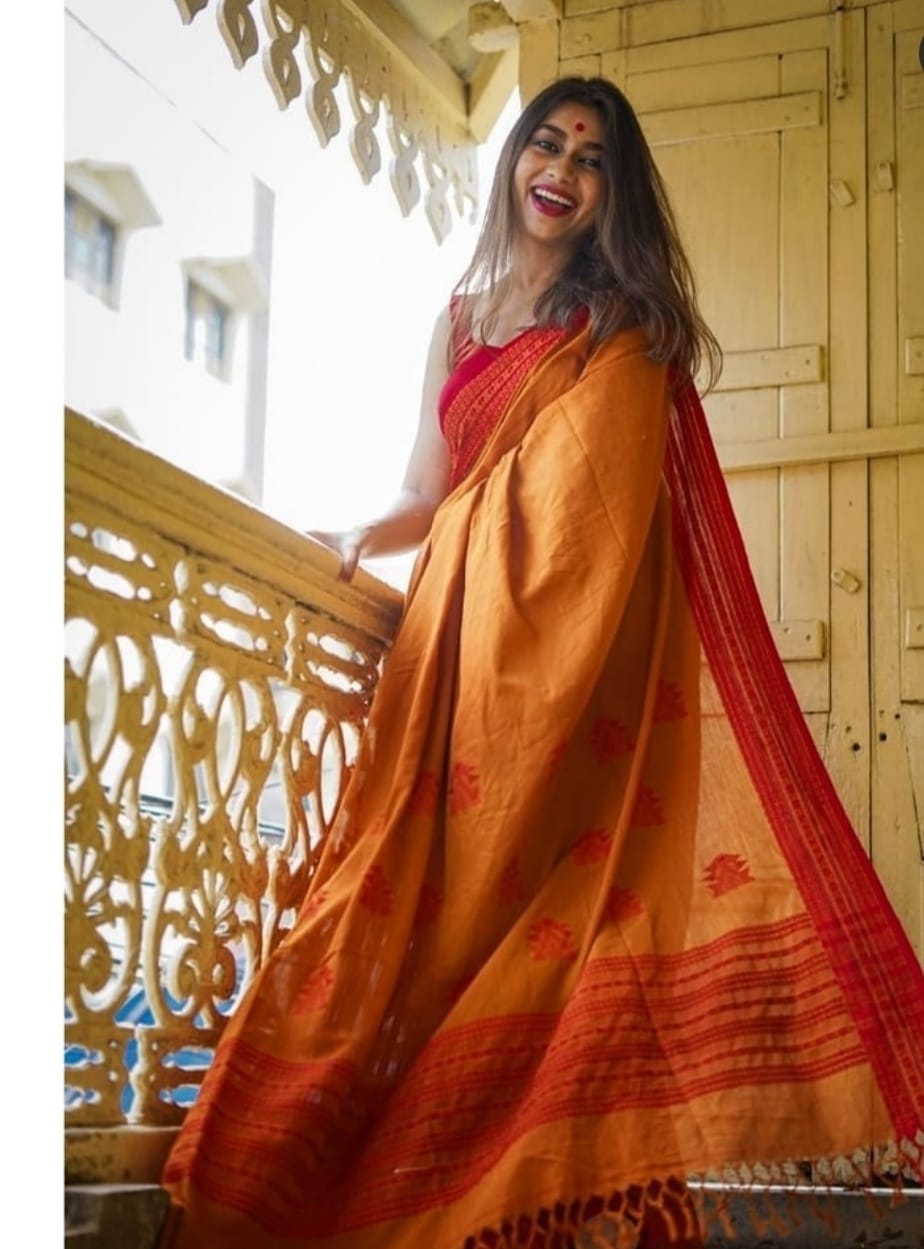 Beautiful Yellow And Red Cotton Silk Saree