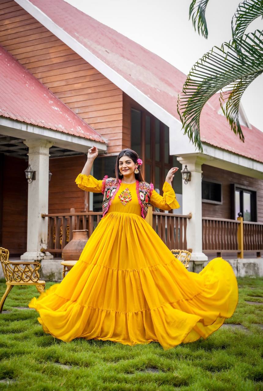 Pretty Mother Daughter Yellow Color Ruffle Gown With Koti