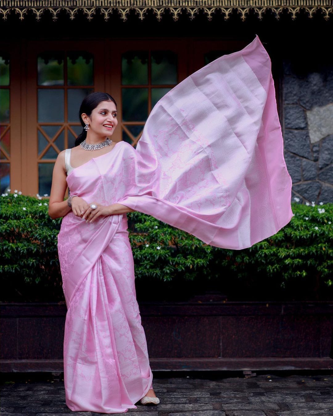 Luxuriant Baby Pink Color Silver Jari Work Saree