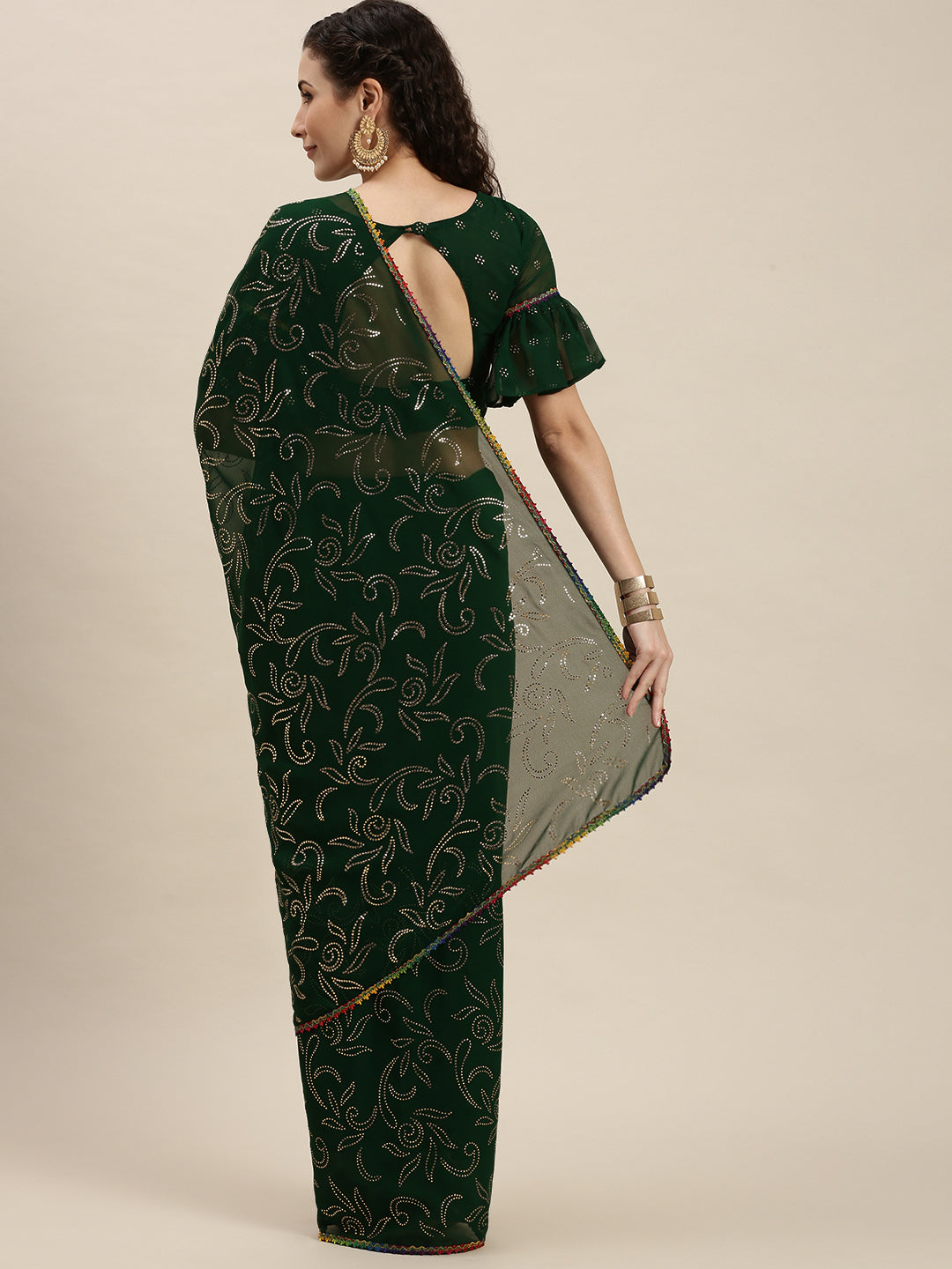 Fancy Green Color Beads and Stones Embroidered Saree