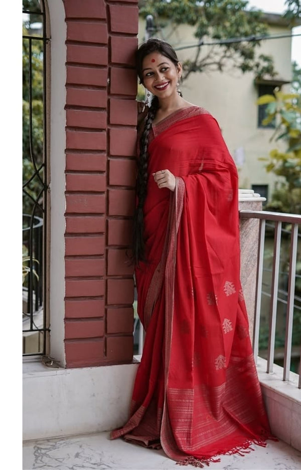 Fantastic Red Color Soft Cotton Silk Saree