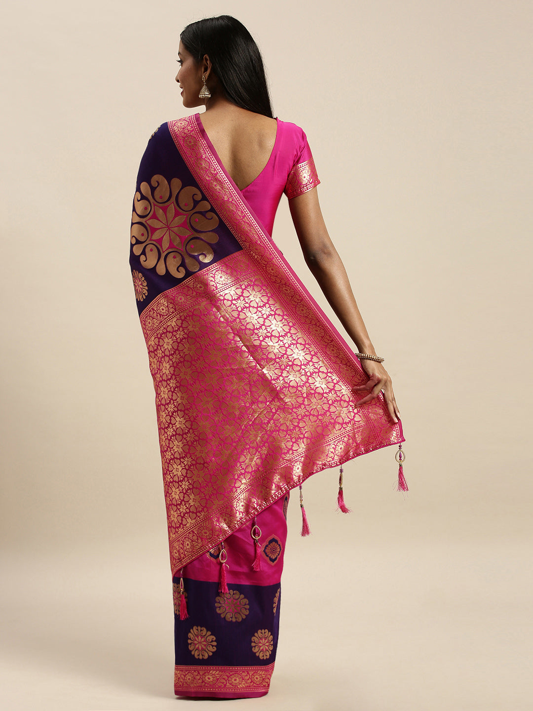 Glossy Pink And Purple Color Banarasi Silk Saree