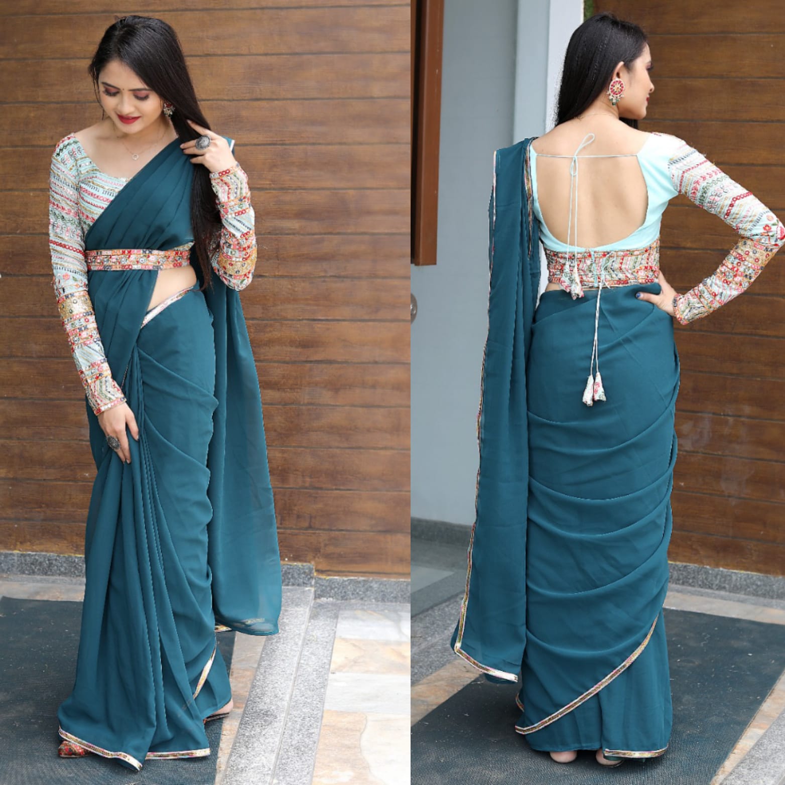 Party Wear Teal Blue Saree With Fancy Thread Sequence Belt & Blouse