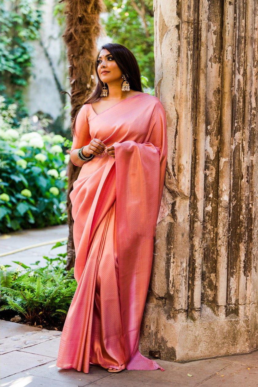Stunning Peach Color Golden Jari Design Soft Lichi Silk Saree