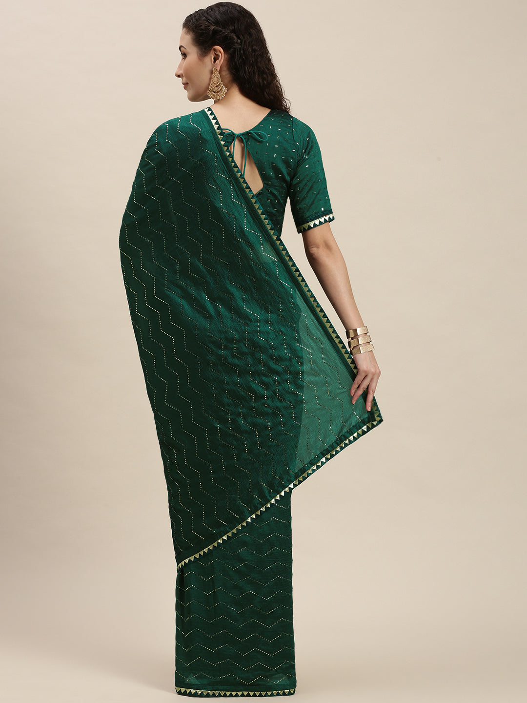 Dark Green Color Golden Stones Work Art Silk Saree