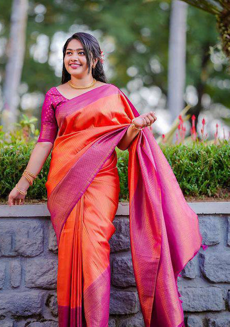 Orange With Pink Color Coper Jari Design Saree