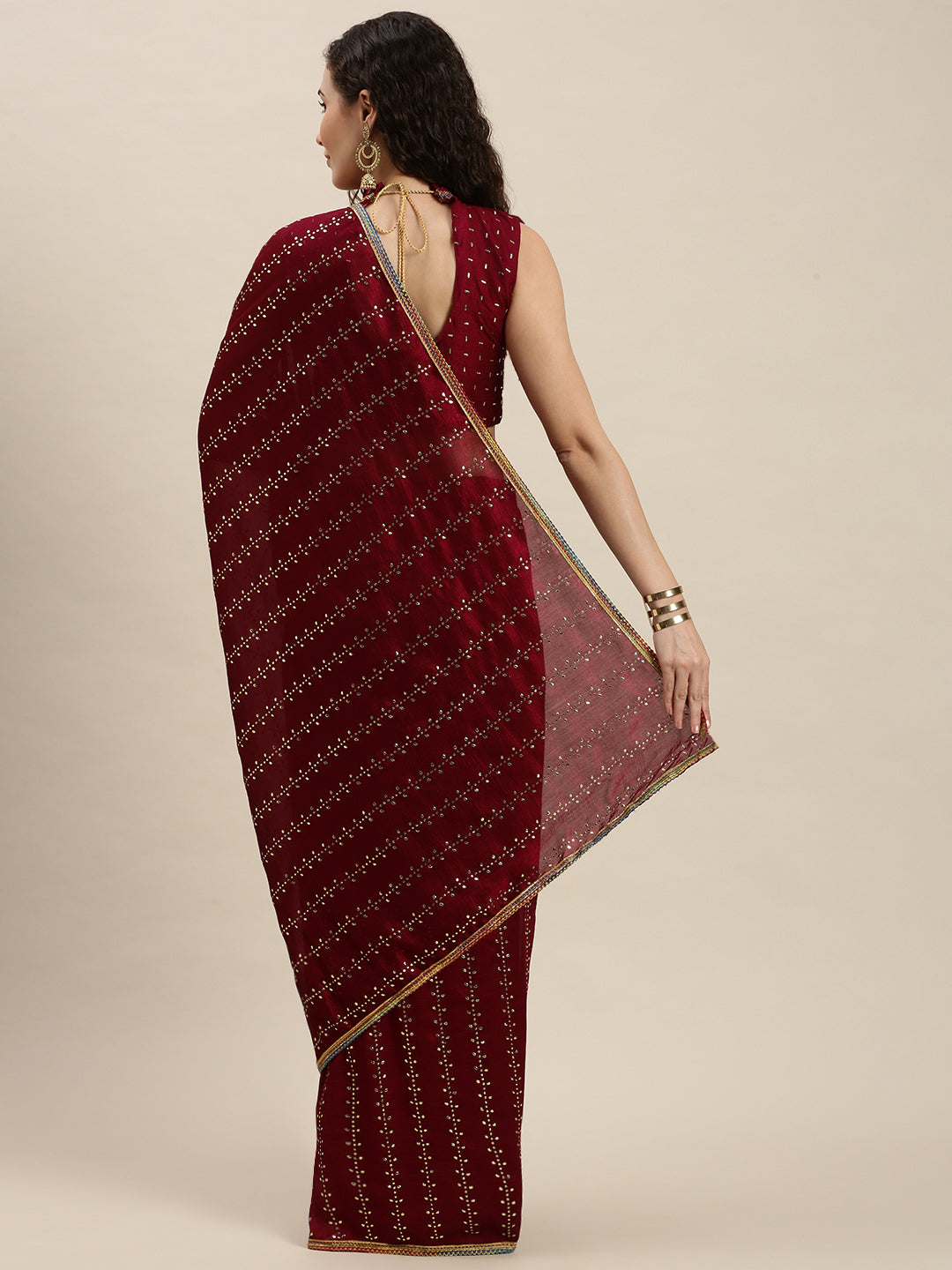 Admiring Dark Pink Beads and Stones Work Saree