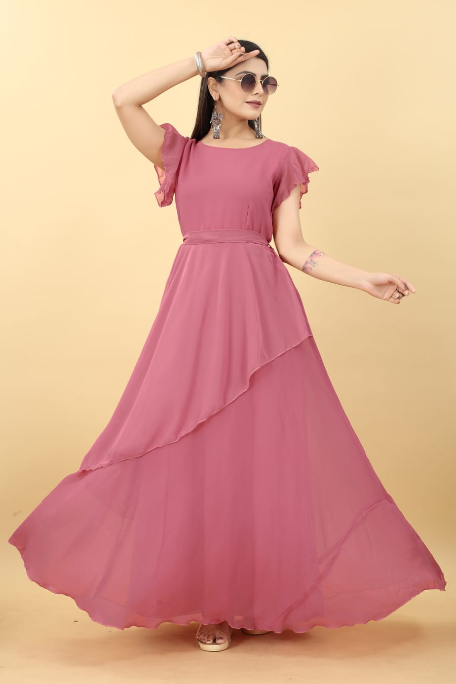 Umbrella Sleeve Peach Color Georgette Gown