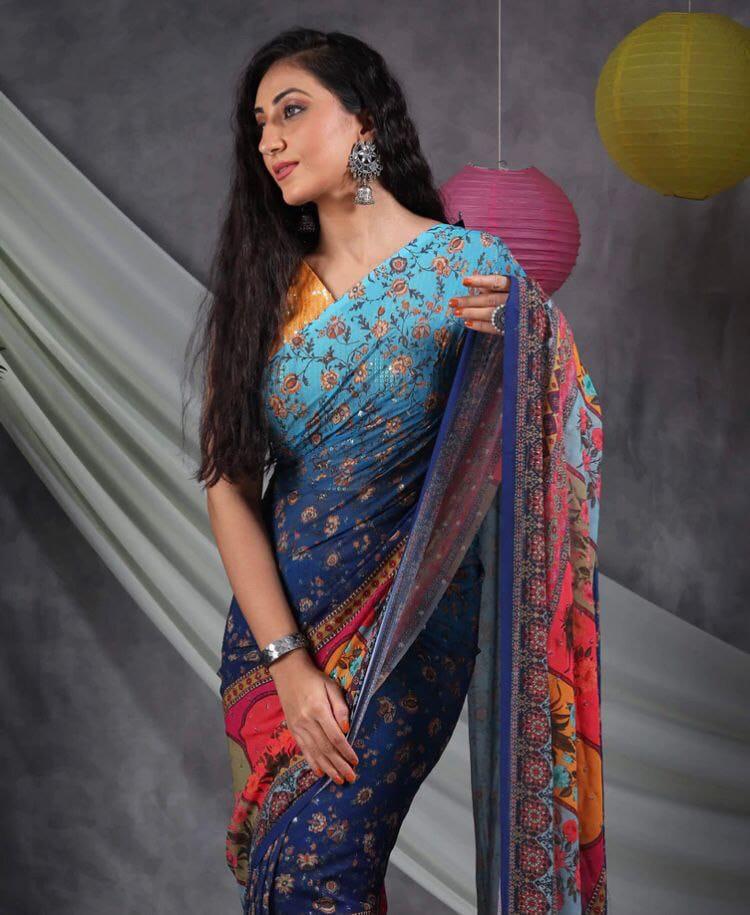 Stylish Multi Color Sequence Crochet Work Saree