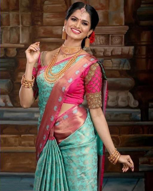 Designer Sky Blue With Pink Color Soft Lichi Silk Saree