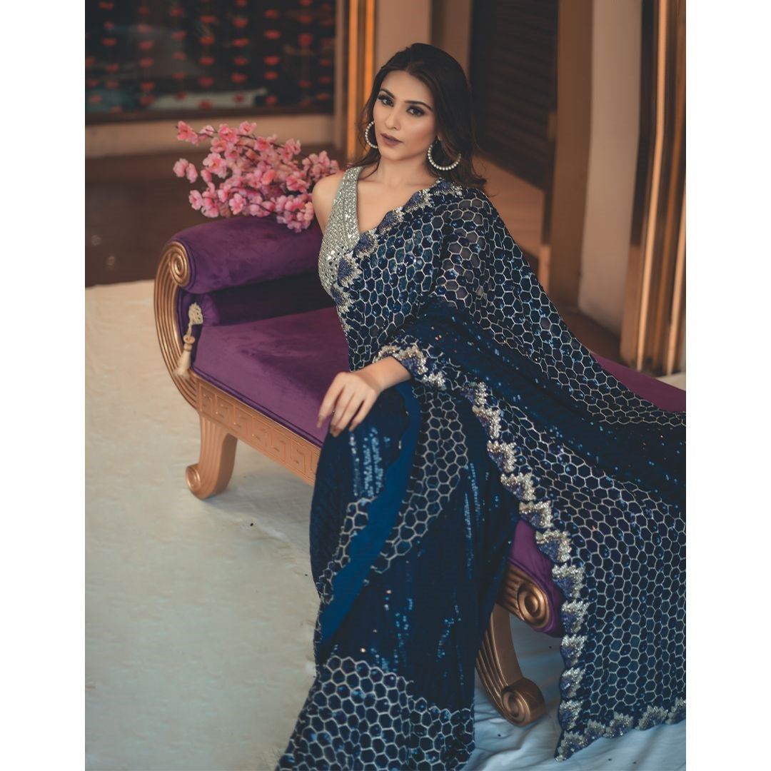 Awesome Navy Blue Color Sequin Zari Work Saree