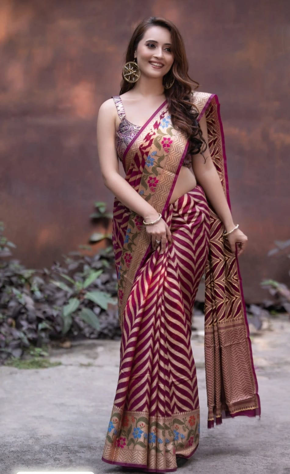 Leheriya Pattern Wine Color Banarasi Silk Saree
