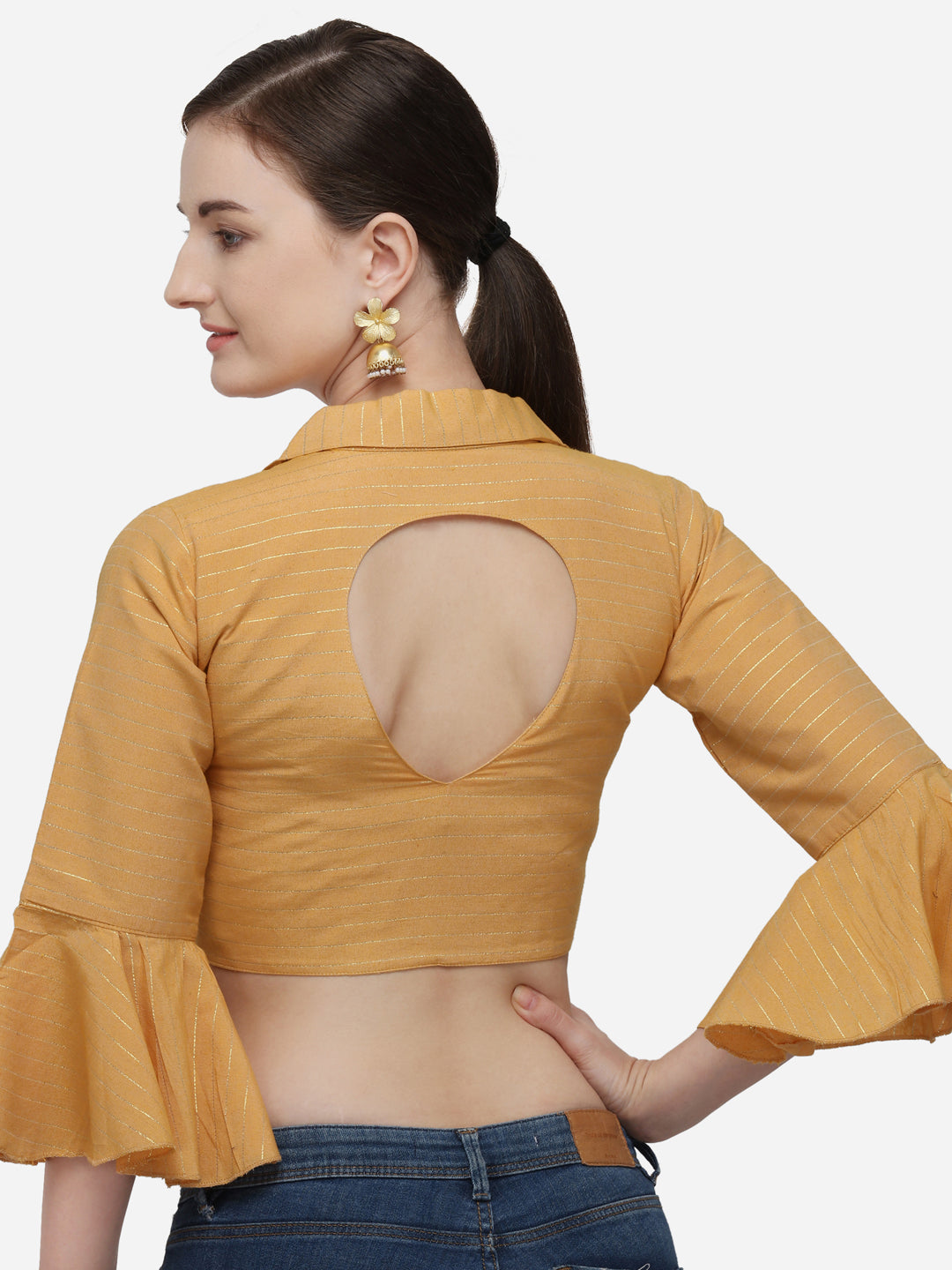 Bell Sleeve Yellow Color Printed Phantom Silk Blouse