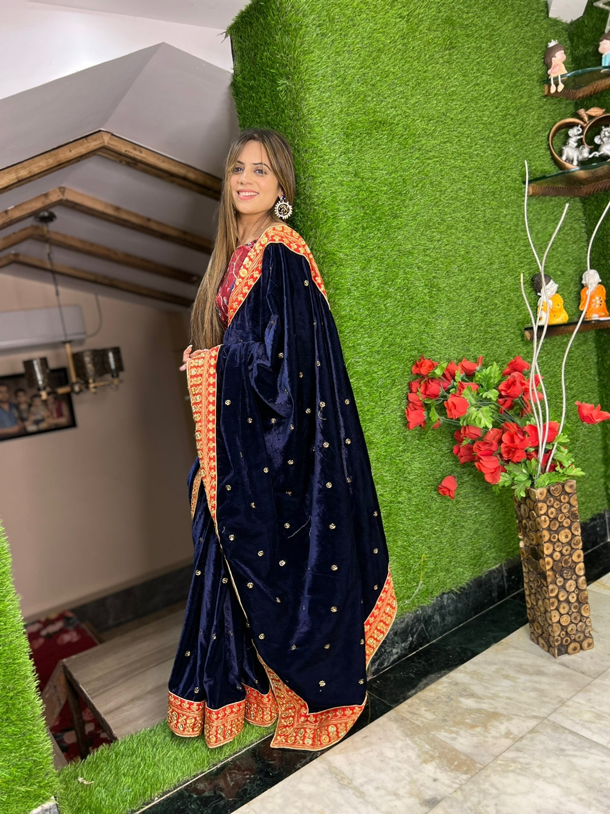 Navy Blue Color Embroidery Lace Border Velvet Saree