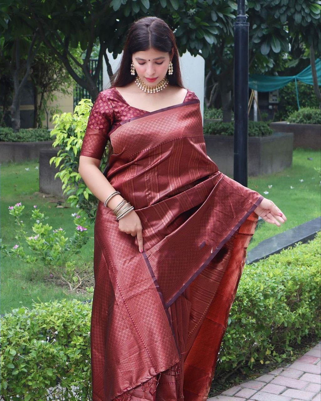 Good Looking Maroon Color Coper Jari Design Soft Silk Saree