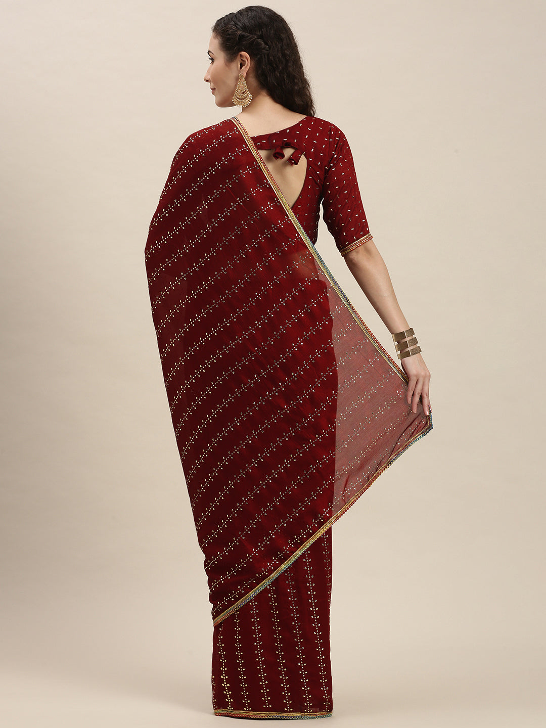 Elegant Red Color Beads and Stones Work Saree