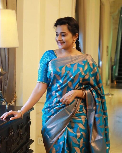 Designer Teal Blue Color Coper Jari Design Silk Saree