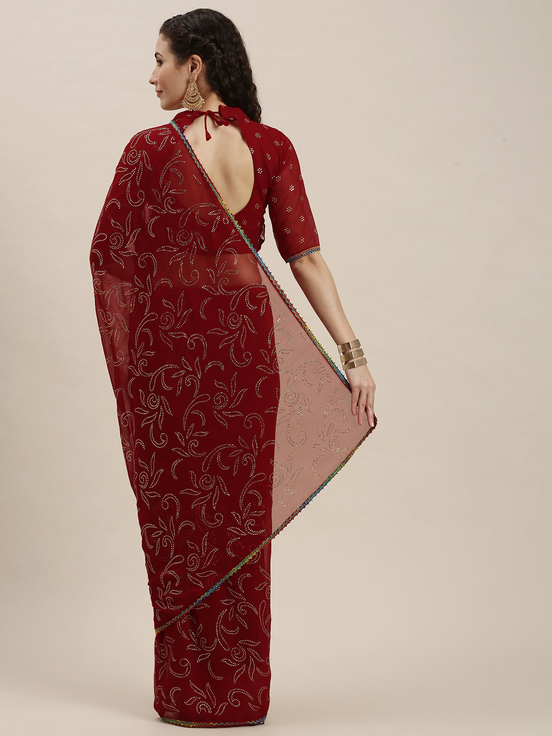 Charming Red Beads and Stones Embroidered  Saree