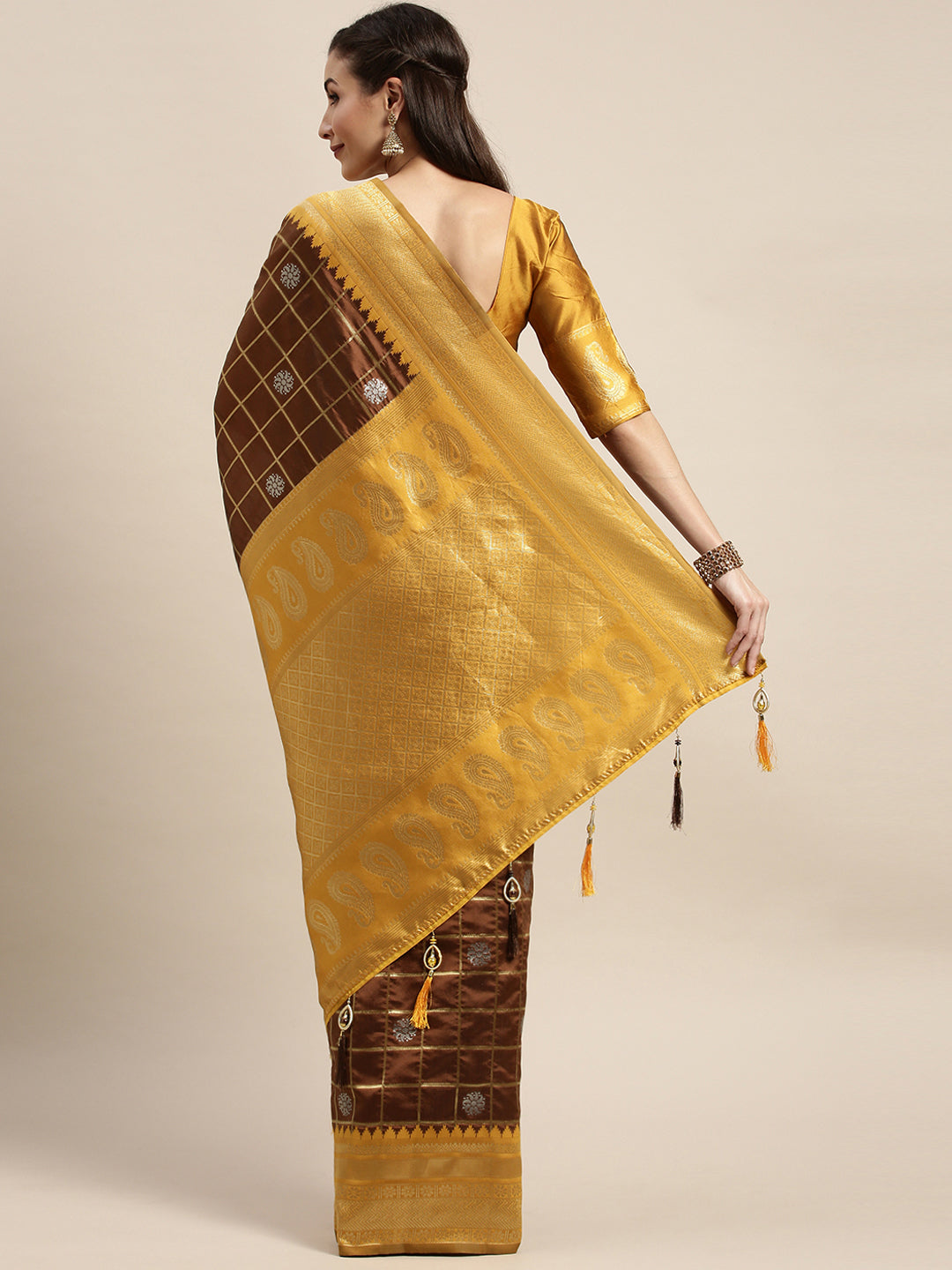 Admiring Brown And Yellow Banarasi Silk Saree