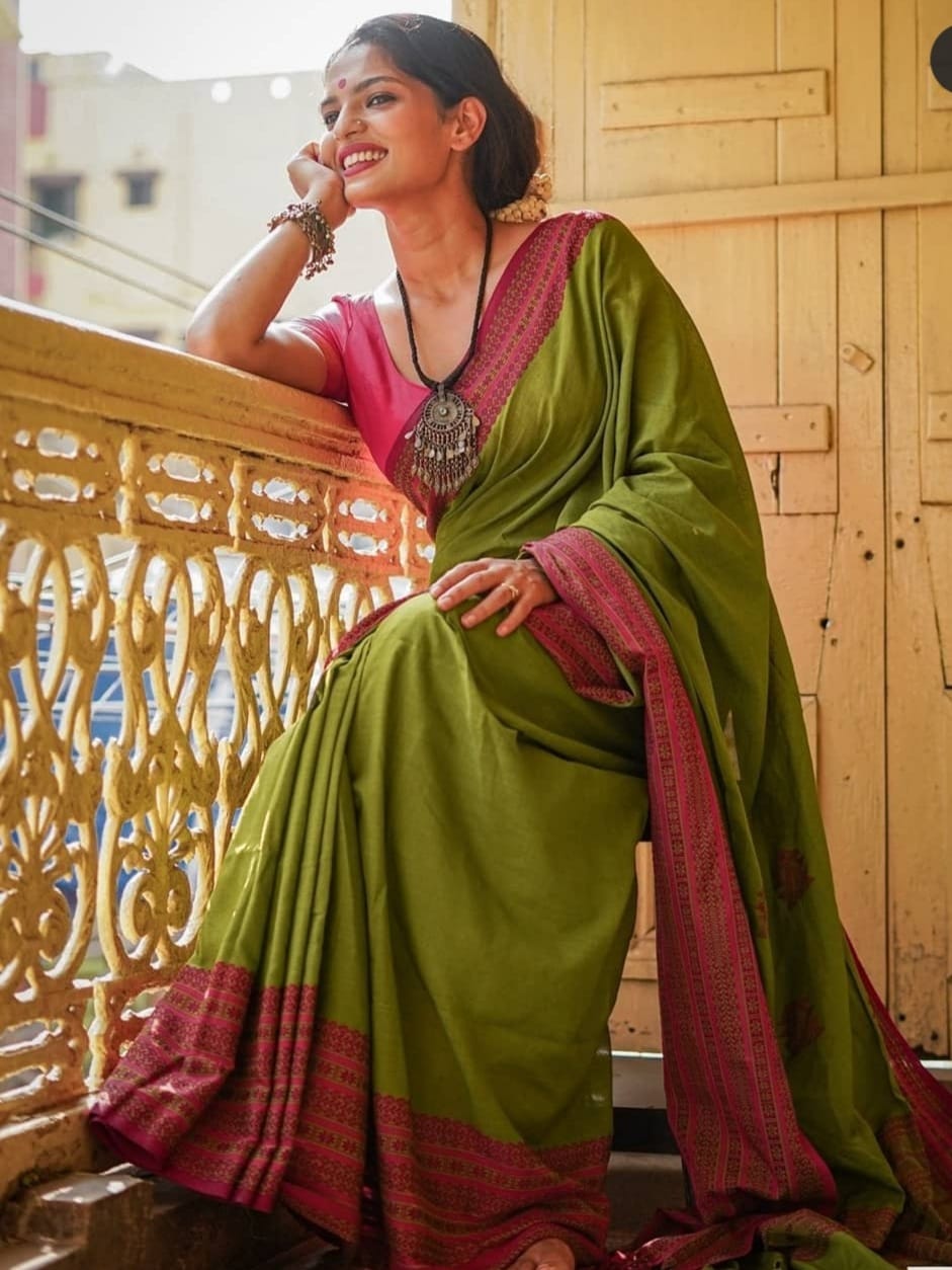 Stylish Green And Pink Color Cotton Silk Saree