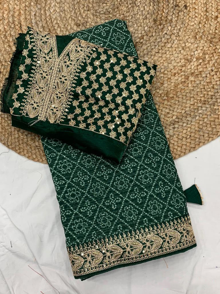 Bandhani Print Green Color Crochet Work Saree