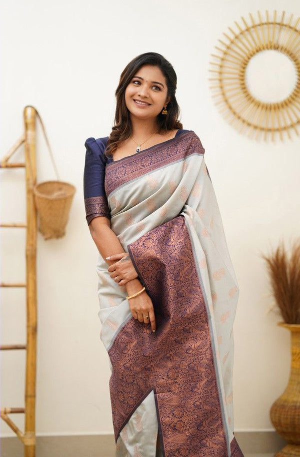 Fancy White Color Coper Jari Work Silk Saree