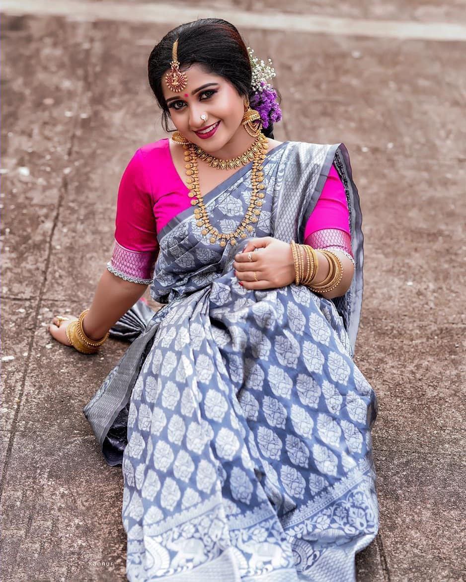 Flattering  Grey Color Silver Work Saree